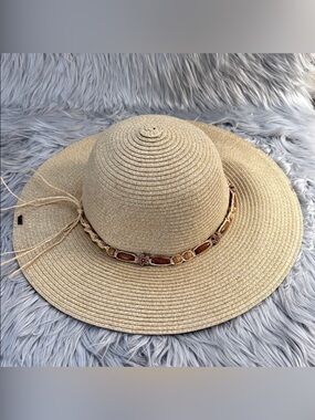 Solfish Raffia Wide-Brimmed Sun Hat with Beaded‎ Band